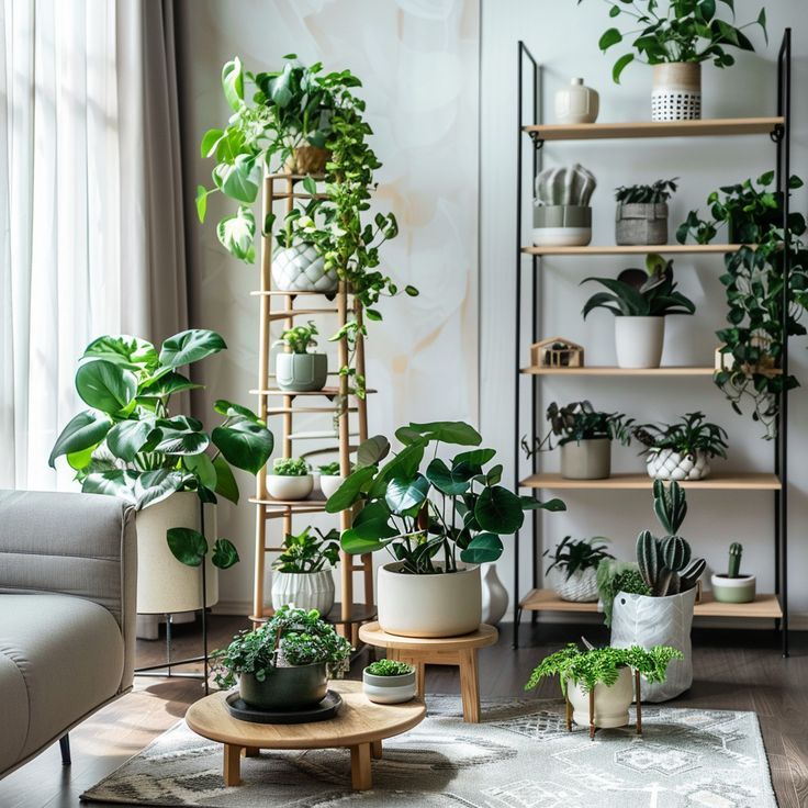 a living room filled with lots of plants and potted plants on top of shelves