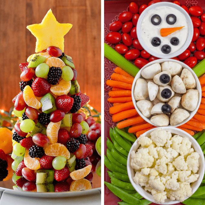 two pictures with different foods in the shape of snowmen, carrots, cauliflower and grapes