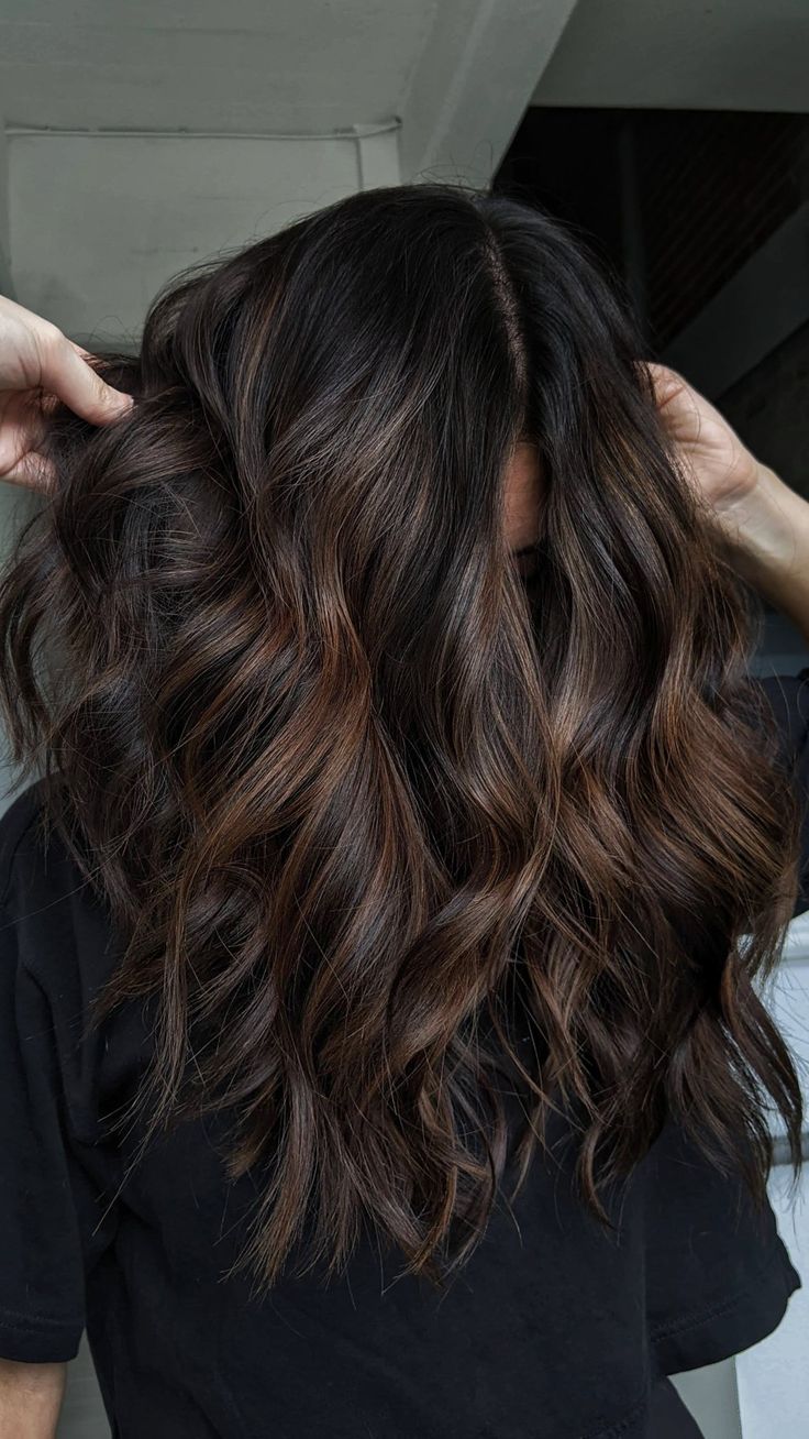 Warm Dark Brown Hair With Dimension, Very Dark Brown Hair Balayage, Dark Brown Carmel Hair Subtle Highlights, Dimensional Brunette Medium Brown, Dimension Dark Brown Hair, Dark Chocolate Hair With Dimension, Demintional Brunette, Dark Brunette Fall Hair 2024, Lived In Dark Brunette Balayage