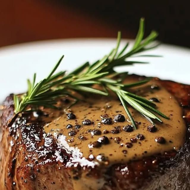 a piece of steak covered in sauce and garnished with rosemary