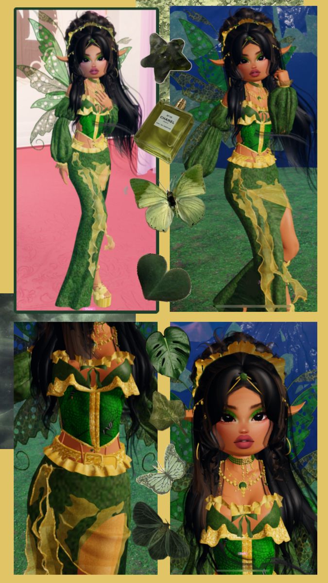 four different pictures of a woman dressed in green and gold