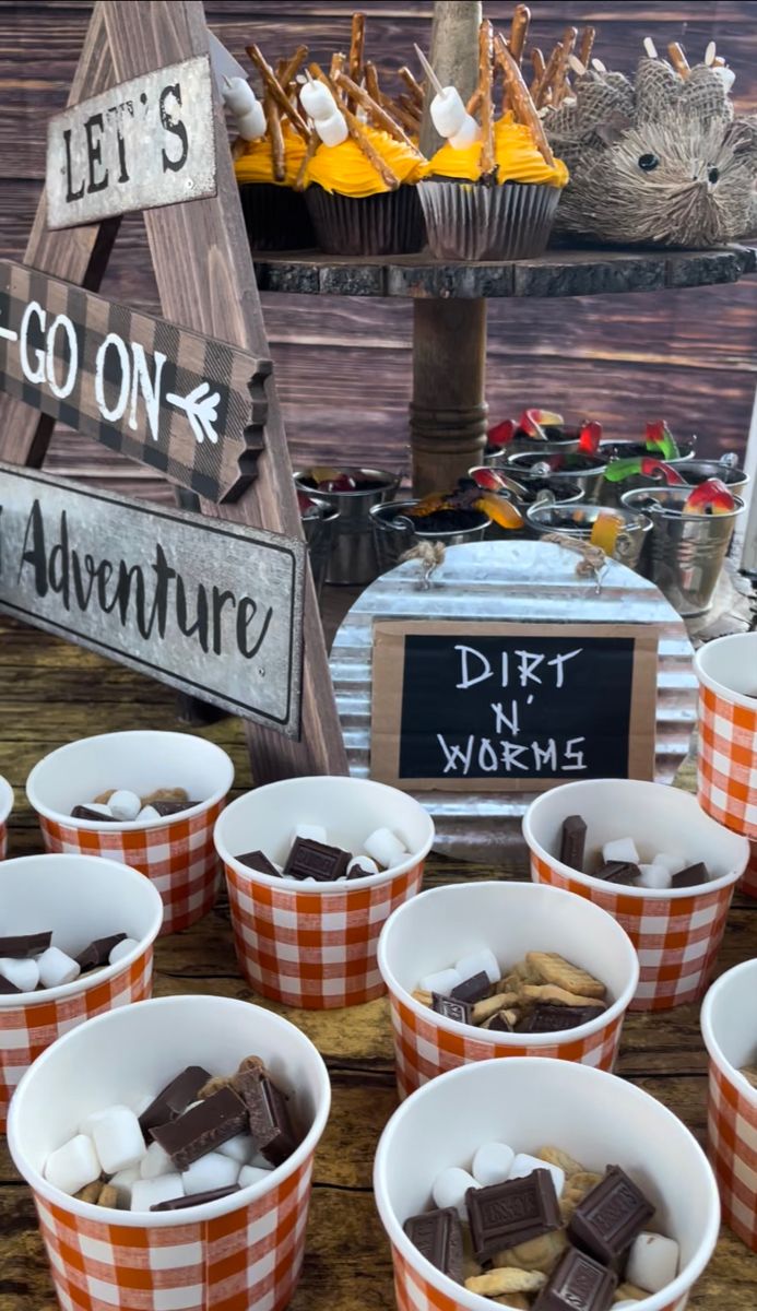 Birthday Snack Table, ONE Happy Camper, WOODLANDS, Wild ONE, S’mores Mix, S’mores cups, Dirt & Worms, Let’s Go On An Adventure Woods First Birthday Party, Wild One Adventure Birthday Party, Boy Birthday Themes 1st, One Happy Camper Backdrop, One Happy Camper Food, One Happy Camper Food Ideas, One Happy Camper First Birthday Cake, 1 Happy Camper Birthday, One Happy Camper First Birthday Decor