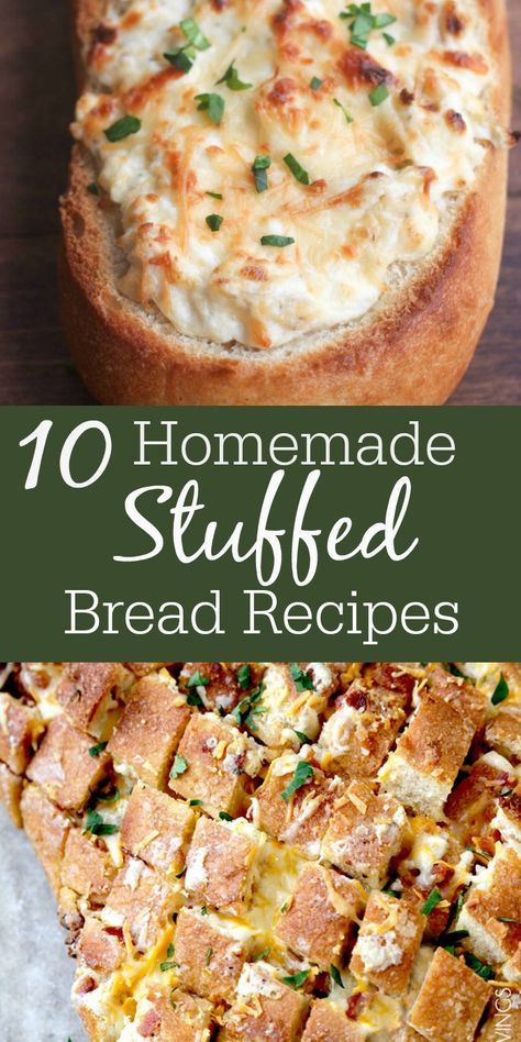 homemade stuffed bread with cheese and herbs on top, next to a loaf of bread