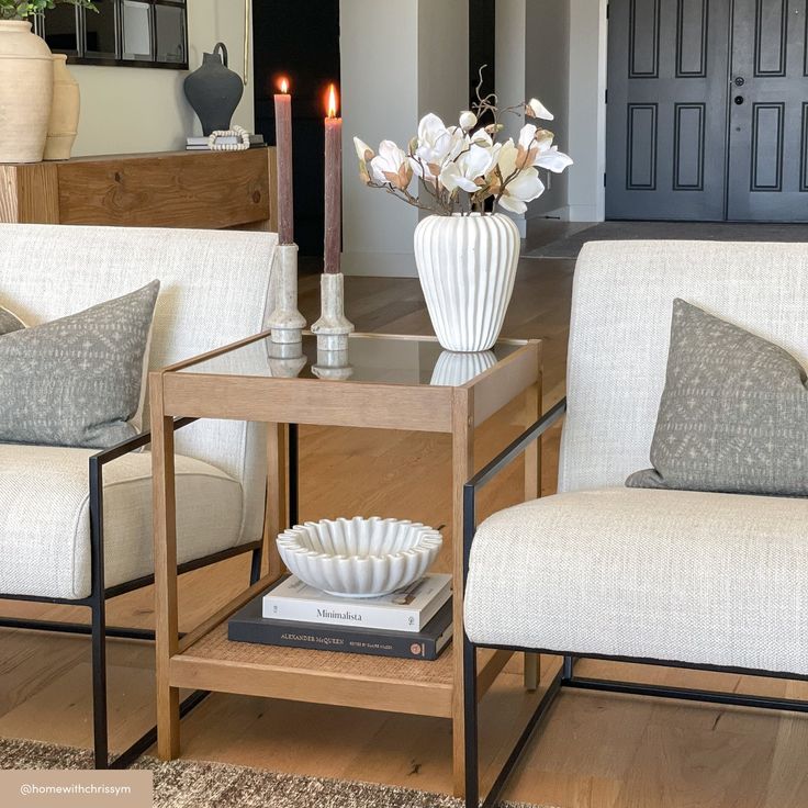 a living room with two chairs and a coffee table