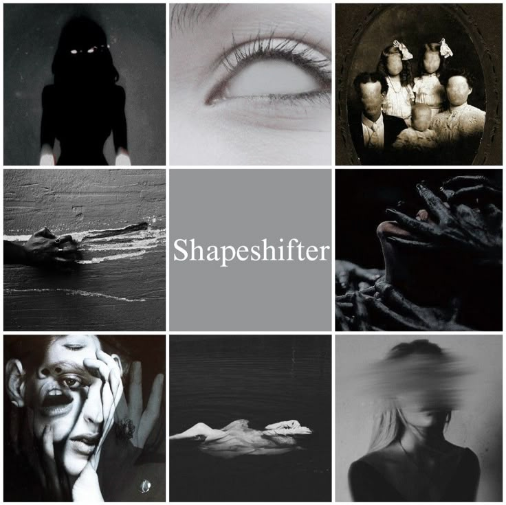 black and white images with the words shapeshifter above them, in front of an image of a woman's face