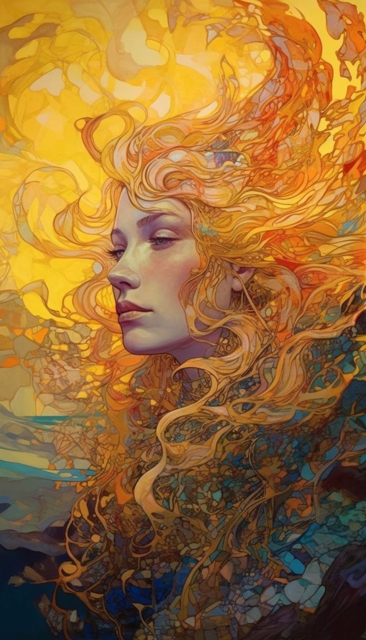 a painting of a woman with her hair blowing in the wind and sun behind her