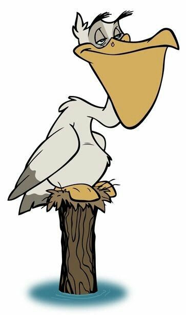 a cartoon pelican sitting on top of a tree stump with its beak open