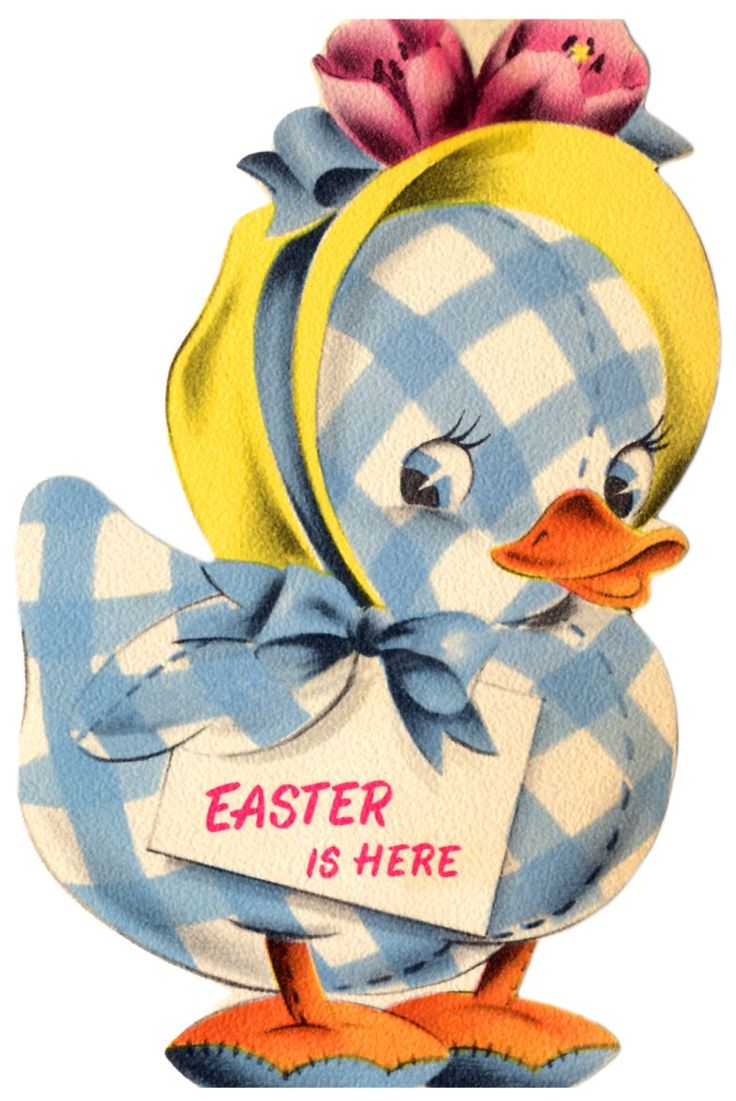 a blue and white duck holding an easter card