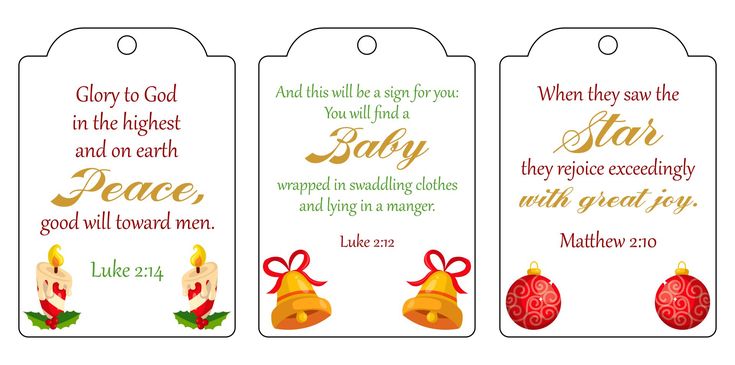 three christmas gift tags with bells and ornaments on the front, one has a candle in it