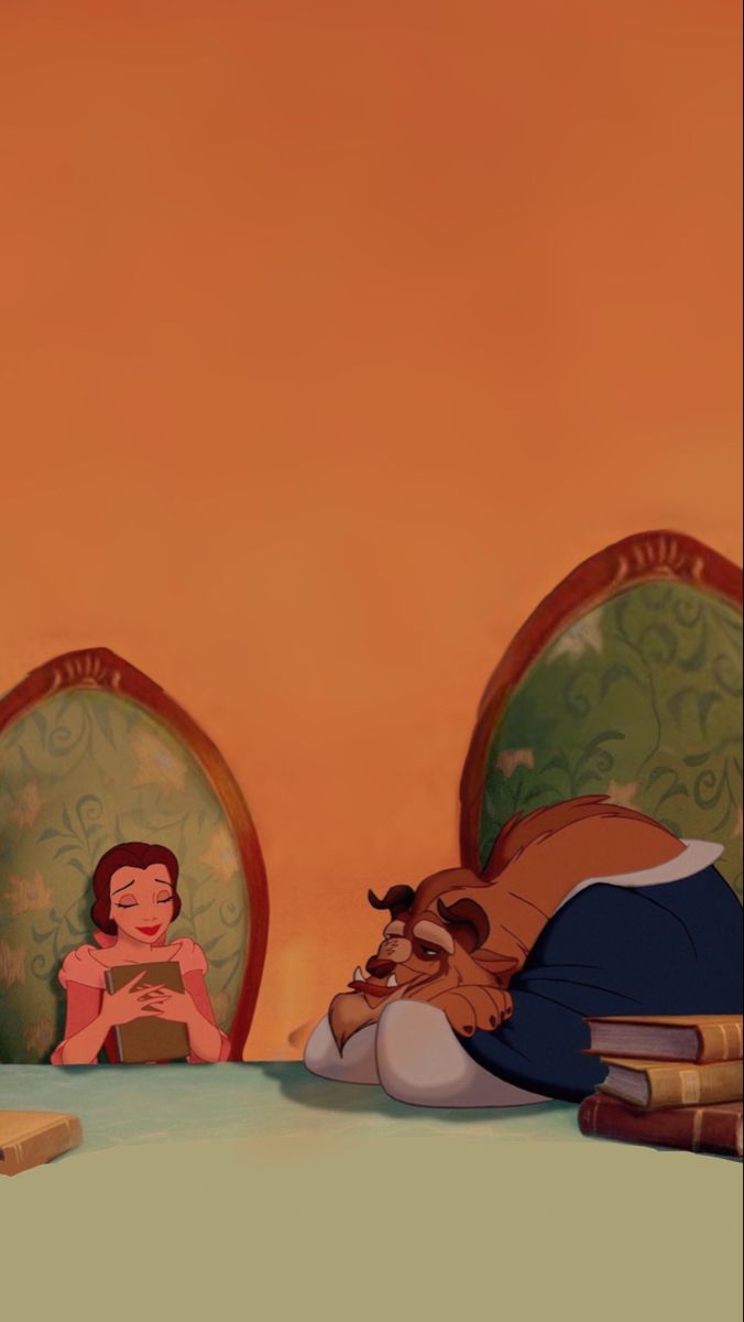 the beauty and the beast characters are sitting at a table with an orange wall in the background