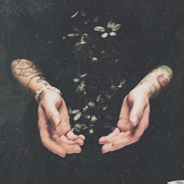 two hands with tattoos holding something in the air and scattered leaves on the ground behind them