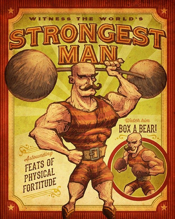 an old poster with a man lifting a barbell