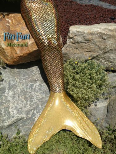 a gold colored mermaid tail sitting on top of some rocks