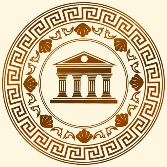 an image of a greek temple in the center of a circle with leaves and flowers around it