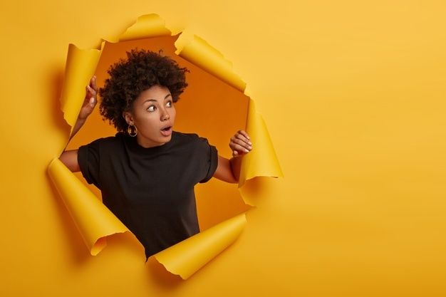 Scared Face Expression, Scared Face, White Studio Background, Dark Blue Shirt, Photoshop Design Ideas, Woman In Black, Poster Background Design, Afro Women, Dark Skin Women