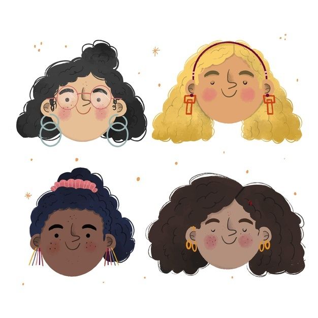 four girls with different hair styles and hairstyles, all wearing earrings