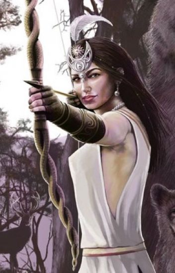 a woman holding a bow and arrow in front of two wolfs with their backs to each other