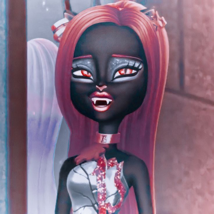 an animated doll with red hair and black eyes