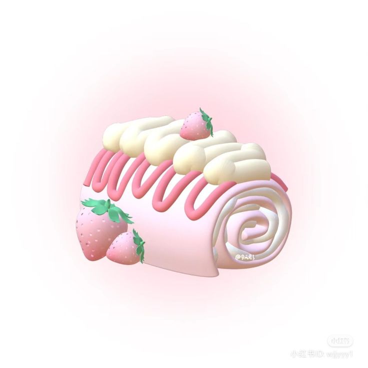 a pink and white cake with strawberries on it's wrapper is shown