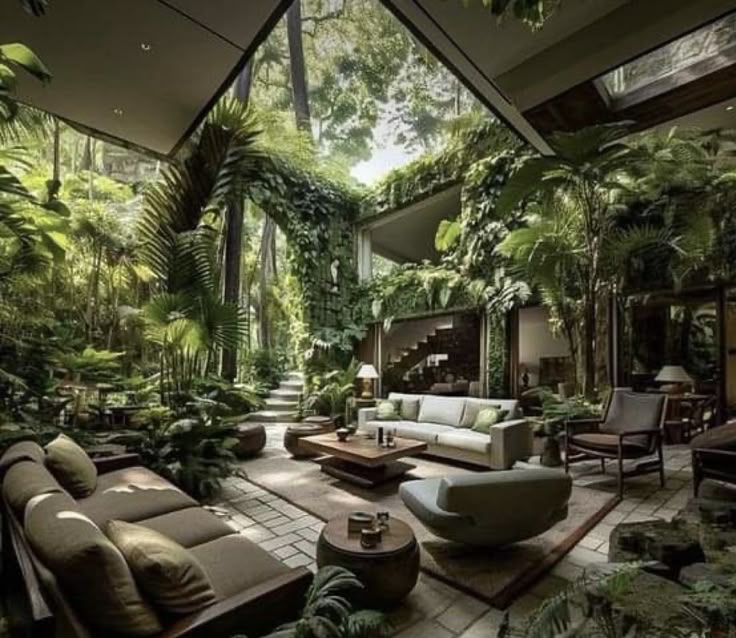 a living room filled with lots of plants and furniture