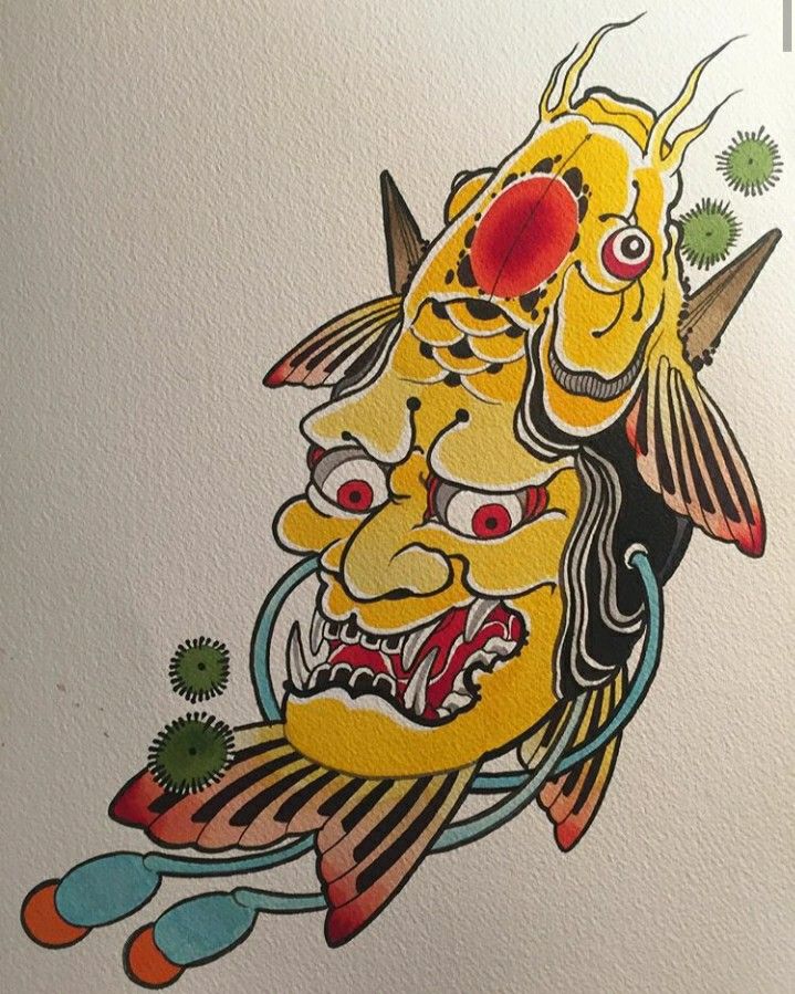 a drawing of a yellow fish with red eyes on it's face and mouth