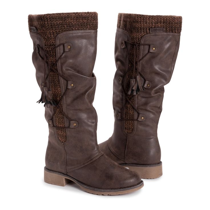 Show off your style in LUKEES by MUK LUKS® Women's Bianca Beverly Boots. With sweet knit accents and rope detail, these knee-high boots will keep feet comfortable all day with memory foam insoles.Wipe with a damp cloth to clean, no bleach, lay flat to dry. Imported.-Indoor/Outdoor Sole-100% Polyester Faux Fur Insole-100% Polyurethane Upper-100% Acrylic Knit-100% Polyester Faux Fur Lining-1.30” Block Heel-Water Resistant-Multiple color options available-Women’s Whole Sizes 6-11 Wide Calf Knee-high Boots For Outdoor Fall, Wide Calf Knee-high Boots For Outdoor Fall Activities, Casual Mid-calf Lace-up Boots For Fall, Fall Outdoor Knee-high Lace-up Boots, Casual Knee-high Boots For Outdoor, Fall Outdoor Lace-up Knee-high Boots, Casual Knee-high Lace-up Boots For Fall, Brown Knee-high Boots For Fall Outdoor Activities, Casual Brown Knee-high Boots For Winter