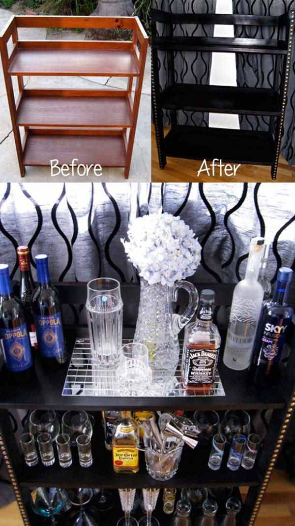 before and after shots of an old bar cart turned into a wine rack with liquor bottles