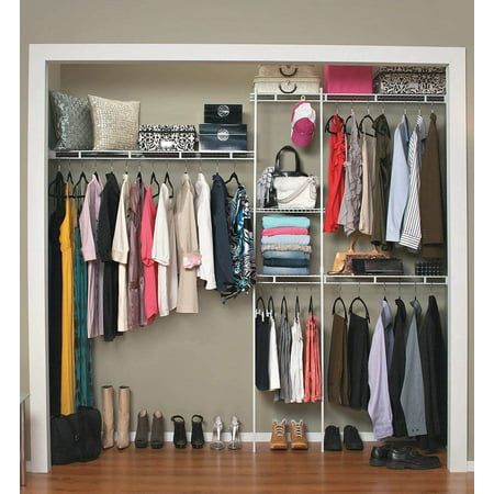 an open closet with clothes and shoes on the shelves, next to a sign that says new