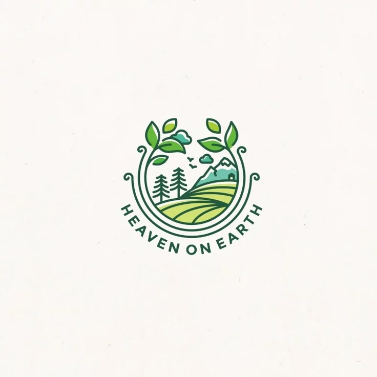 the logo for heaven on earth is shown in green and blue colors, with trees around it