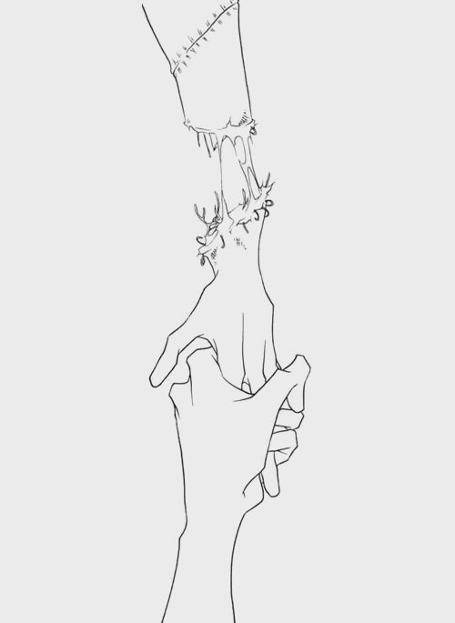 a black and white drawing of two hands reaching up to touch each other's fingers