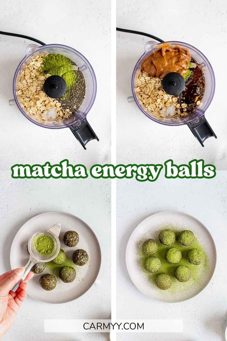 four pictures showing how to make matcha energy balls in a blender with ingredients