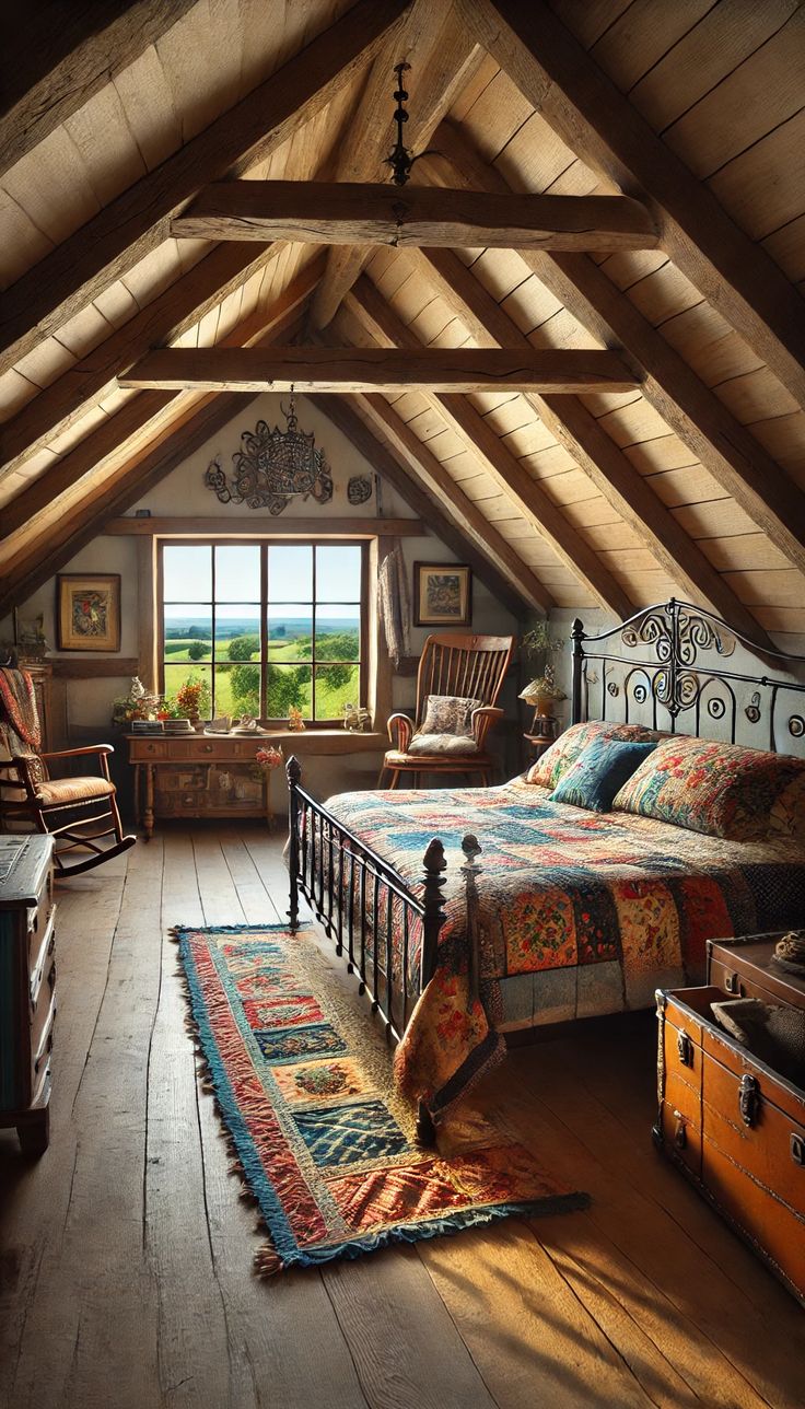 an attic bedroom with a bed and dressers