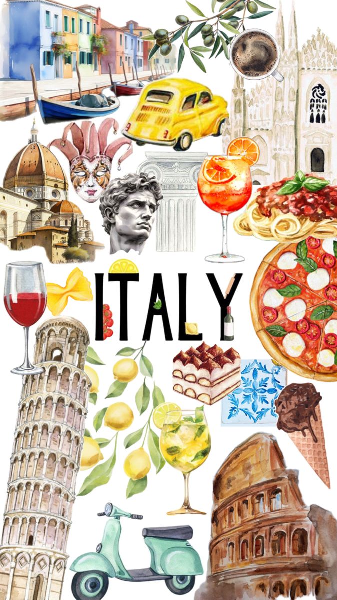 the words italy are surrounded by watercolor drawings and images of buildings, food, and wine