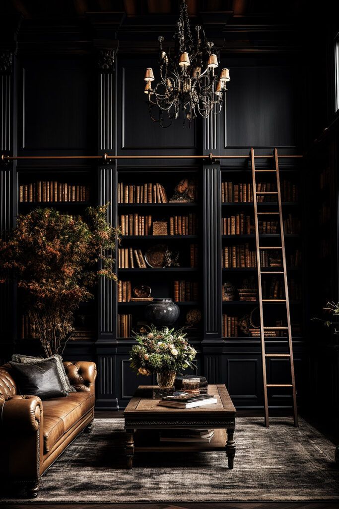 If you're obsessed with the dark academia interior design style, you'll want to read this! Tons of practical tips to get the DA look in your own home! Moody Dark Room, Dark Art Deco Interior, Modern Victorian Library, Dark Academia Home Office, Moody Library Room, Moody Home Library, Dark Academia House, Dark Library, Dark Academia Living Room