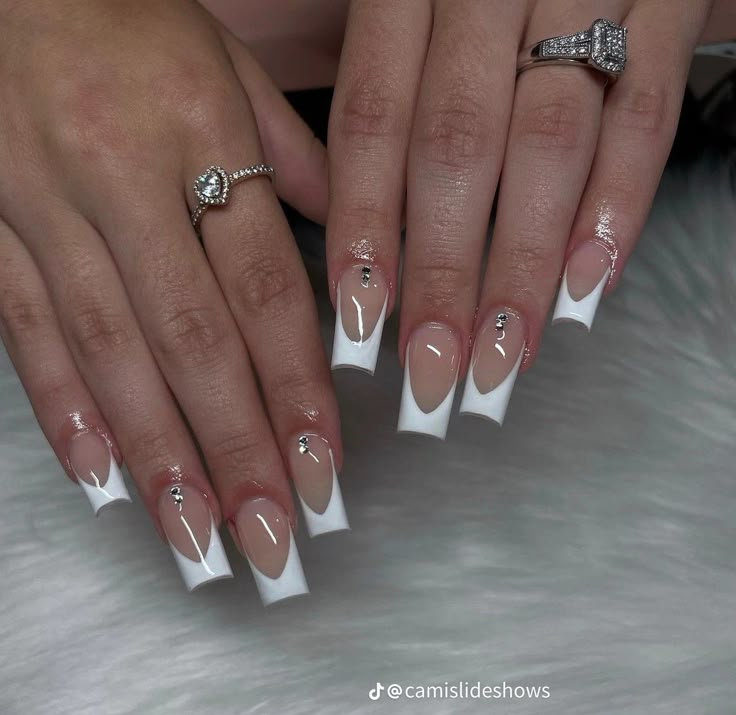 French Tip White Nails With Gems, White French With Gems, French Tip W Gems, Plain Nails With Gems, White French Tip With Gems, Nails W Gems, White Nails With Gems, French Tips With Gems, French Tip Nails With Gems