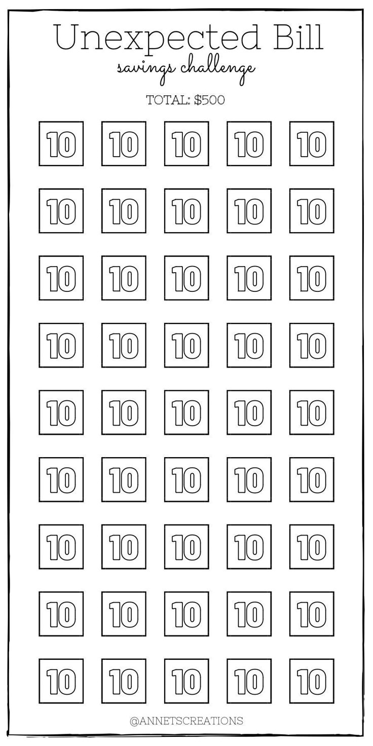 a printable sheet with the words unexpected bill and ten to ten numbers on it