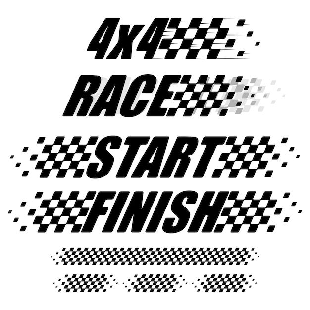 some type of font that is black and white with checkered squares on it, as well as the words race start finish