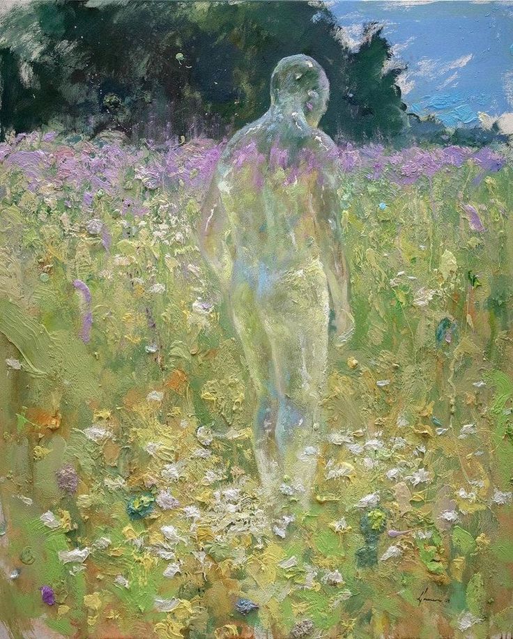 a painting of a man standing in a field of flowers with trees in the background