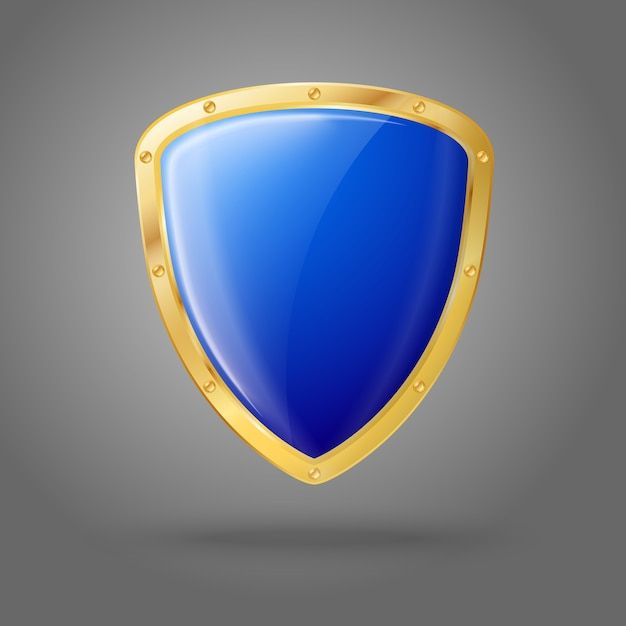 a blue shield with gold rivets on a gray background