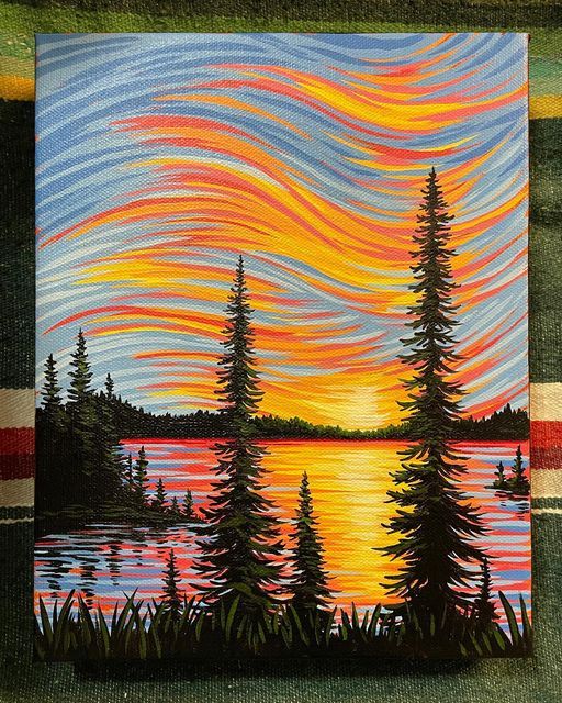 an acrylic painting of trees and water at sunset