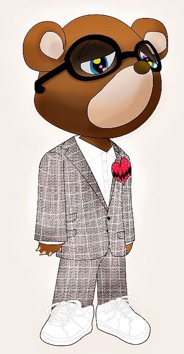 a teddy bear dressed in a suit and glasses with a red heart on his lapel