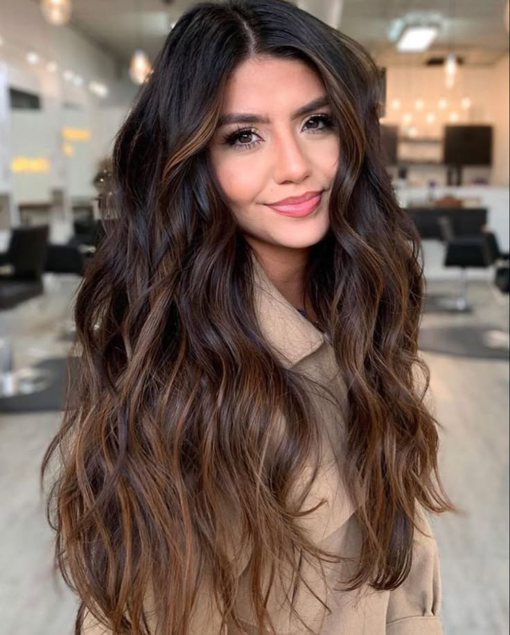 Black With Chocolate Balayage, Long Brunette Hair Volume, Black To Chocolate Balayage, Burnet Hairstyles, Brunette Brown Balayage Hair, Wavy Hair Color Ideas Brunettes, Chocolate Balyage Long Hair Brunettes, Dark Burnett Baylage, Balayage Long Dark Brown Hair