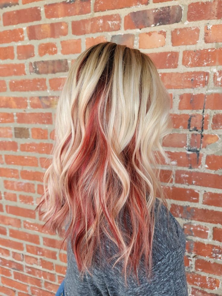 Fall Blonde Hair With Red, Red With Blonde Highlights Peekaboo, Blonde With Colored Peekaboo, Blonde Ideas For Fall, Blonde With Red Peekaboo Highlights, Platinum Blonde With Copper Underneath, Blond Hair With Underneath Color, Blond Hair With Dyed Tips, Blonde With Fun Colors Underneath