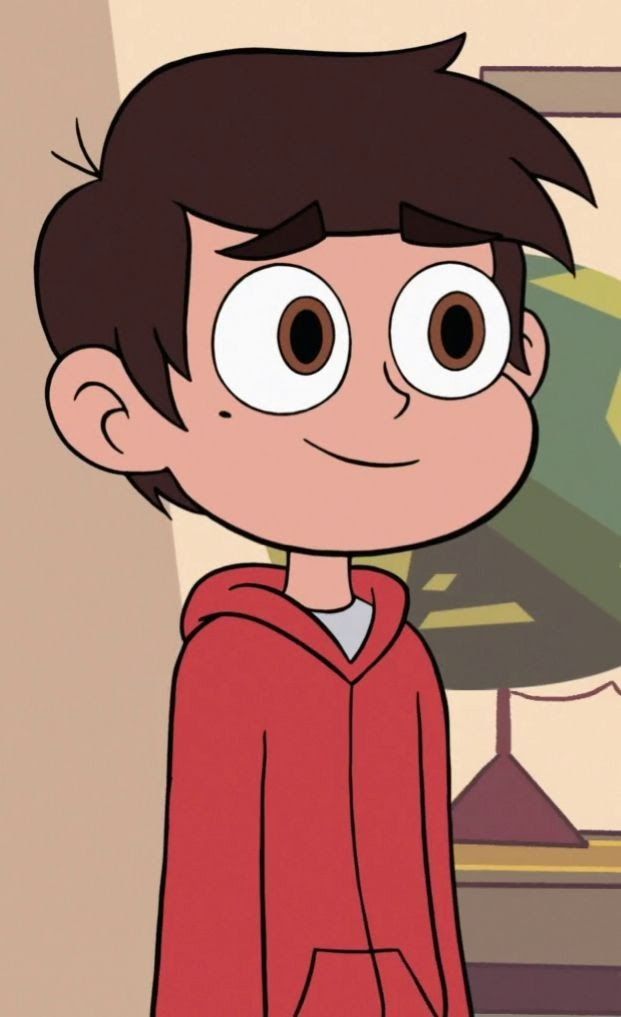 a cartoon boy with big eyes standing in front of a tv screen wearing a red hoodie