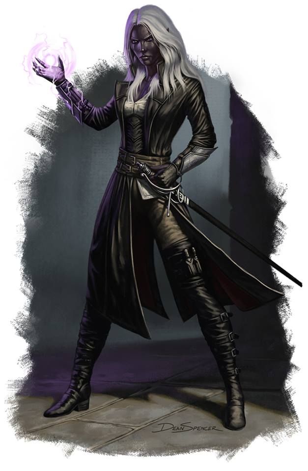 a drawing of a woman in armor holding a purple ball and two swords, with one hand on her hip