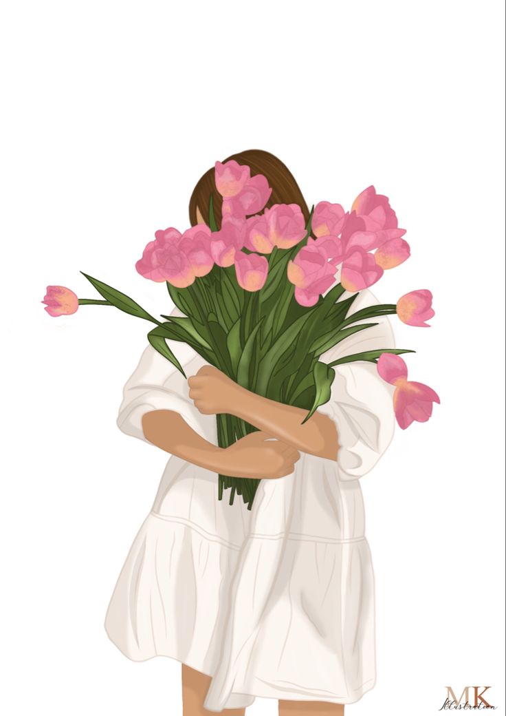 a woman holding a bunch of pink flowers in her arms and hugging her face with both hands