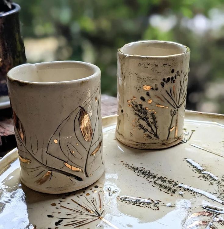 two ceramic cups sitting on top of a white plate covered in dirt and grass leaves