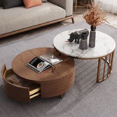 a living room with a couch, coffee table and other items on the carpeted floor