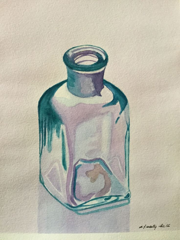 a watercolor painting of a glass bottle