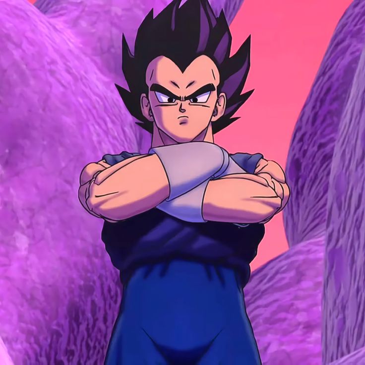 the young gohan is standing in front of some purple and pink rocks with his arms crossed